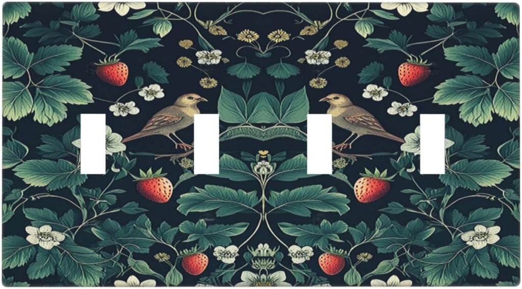 Light Switch Covers Strawberry Birds Flowers Plant Morris Floral Quad Toggle Electrical Faceplate 4 Gang Wall Plate Decorative Switch Plates for Bedroom Farmhouse Decor
