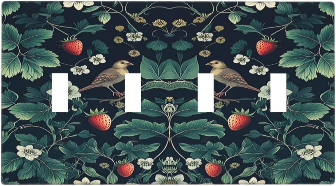 Light Switch Covers Strawberry Birds Flowers Plant Morris Floral Quad Toggle Electrical Faceplate 4 Gang Wall Plate Decorative Switch Plates for Bedroom Farmhouse Decor