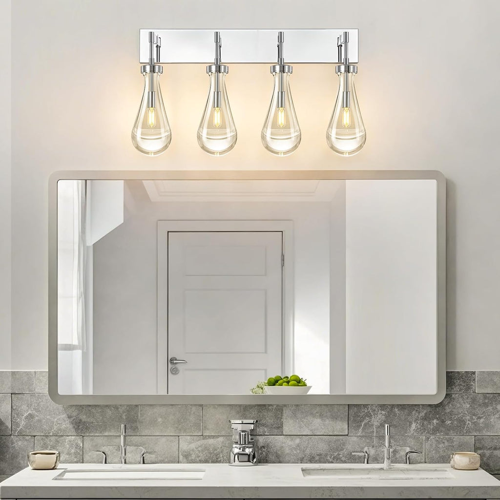 Raindrop Wall Sconces Chrome Crystal Sconces Wall Decor Modern Lighting Glass Bathroom Sconces Indoor Vanity Light Wall Lamp for Bedroom Living Room Stair(4-Light)