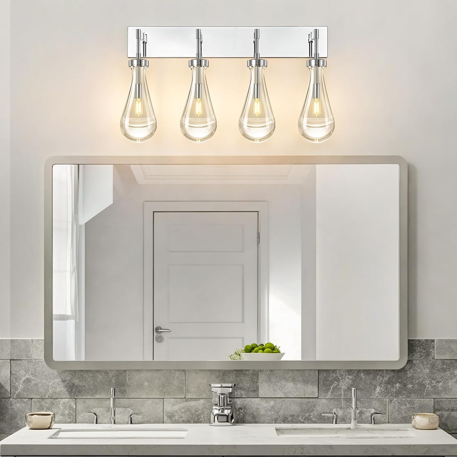 Raindrop Wall Sconces Chrome Crystal Sconces Wall Decor Modern Lighting Glass Bathroom Sconces Indoor Vanity Light Wall Lamp for Bedroom Living Room Stair(4-Light)