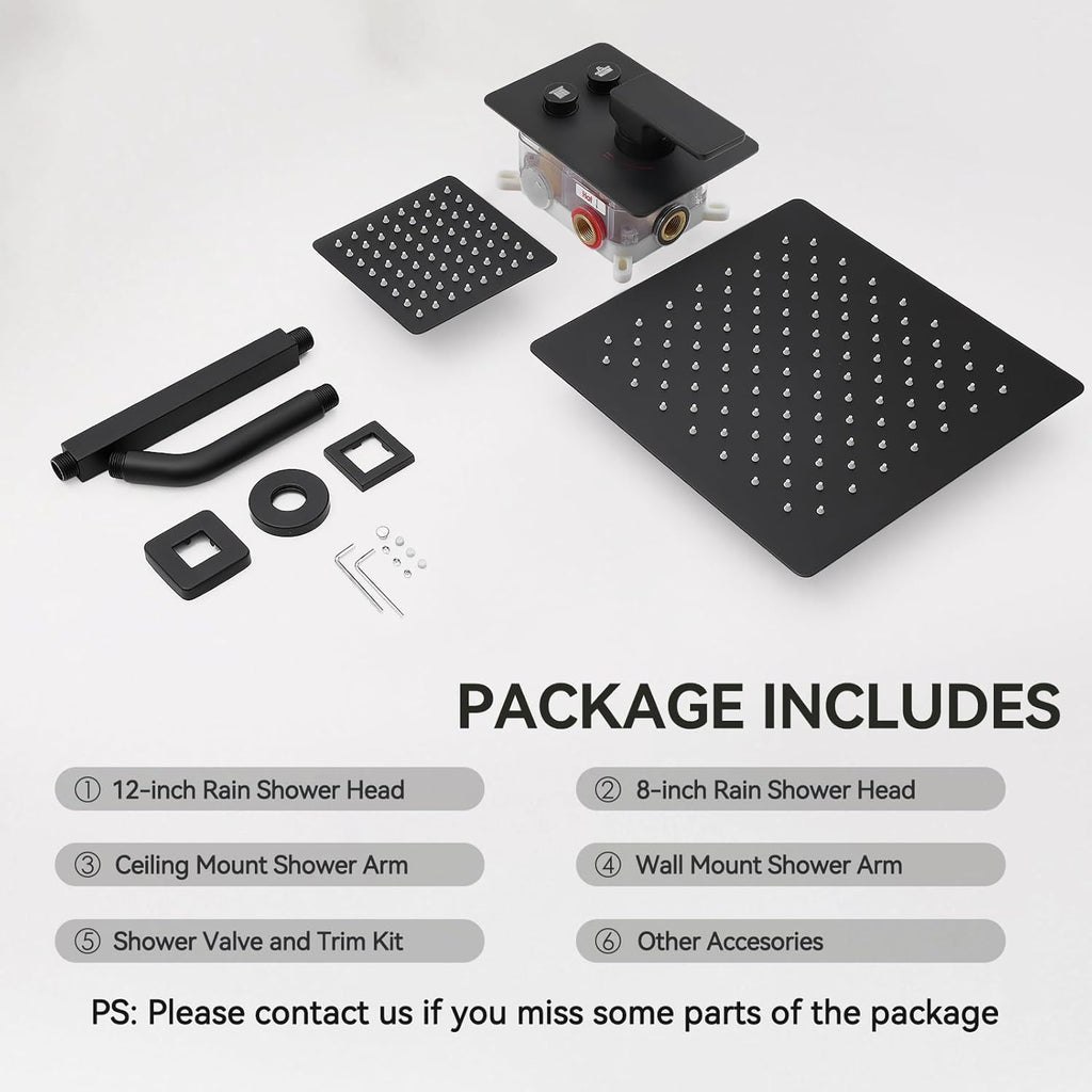 Shower Faucets Sets Shower System Matte Black, STARBATH 12" Ceiling Mount Rain Showerhead and 8" Wall Mounted Rainfall Shower for Couples, On Off Button Valve Dual Head Shower Systems Complete