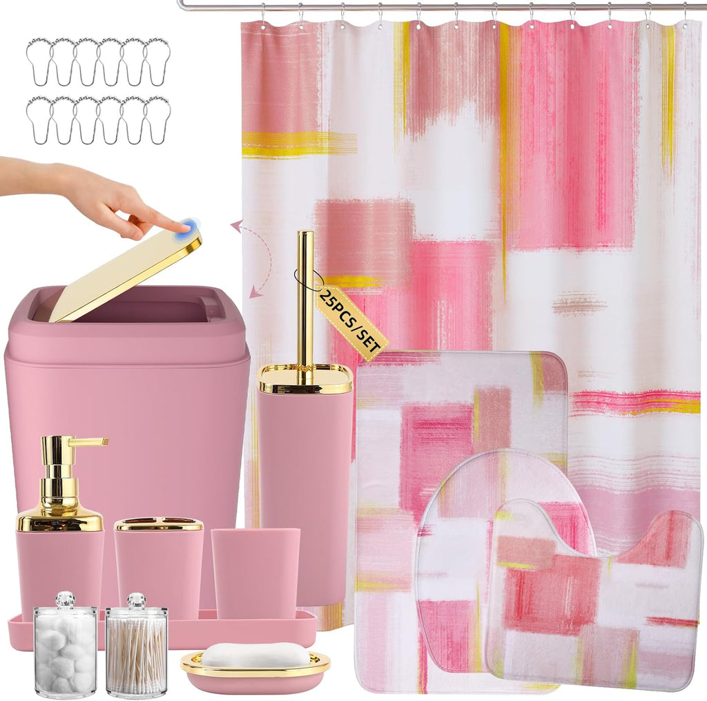 Bathroom Accessories Set - 25PC Bathroom Set with Shower Curtain and Rugs, Pink Bathroom Set, Bathroom Accessory Set with Press-on Lid Trash Can, Soap Dispenser and Qtip Holders