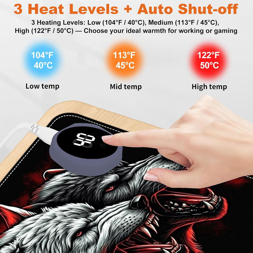 Small Heated Desk Pad 23.6" x 14.2" – Compact Electric Mouse Pad with 3 Heating Levels, Auto Shut-Off, Waterproof PU Surface, Plug-in Warmer for Office or Home Use, Four Wolves