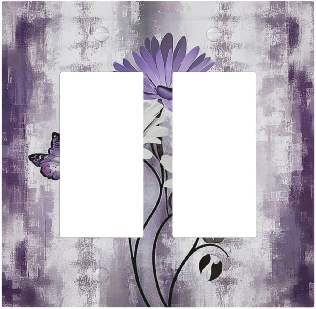 Purple Daisy White Floral Butterfly Flowers Outlet Covers Light Switch Cover Plate 2 Gang Double Rocker Wall Plates Decorative Switch Plates Plug Cover Electrical GFCI Receptacle for Home 4.9 X 5 IN