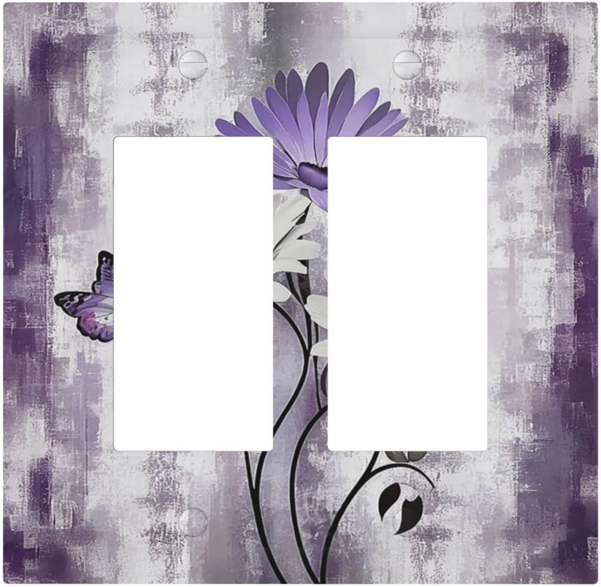 Purple Daisy White Floral Butterfly Flowers Outlet Covers Light Switch Cover Plate 2 Gang Double Rocker Wall Plates Decorative Switch Plates Plug Cover Electrical GFCI Receptacle for Home 4.9 X 5 IN