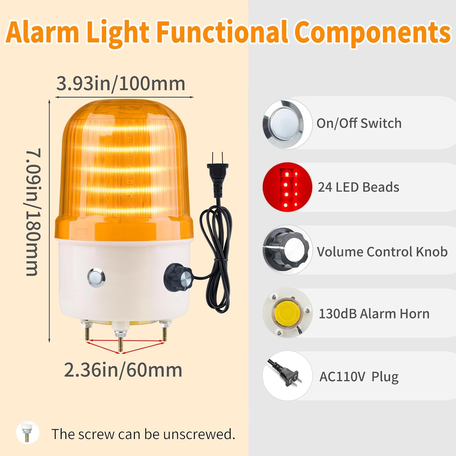 Industrial LED Rotating Warning Light, AC110V Red Strobe Light for Public Emergency Alarms, Indoor/Outdoor Safety Siren with Volume Adjustment/Plug and Buzzer (Yellow PRO(0-130dB,AC110V))