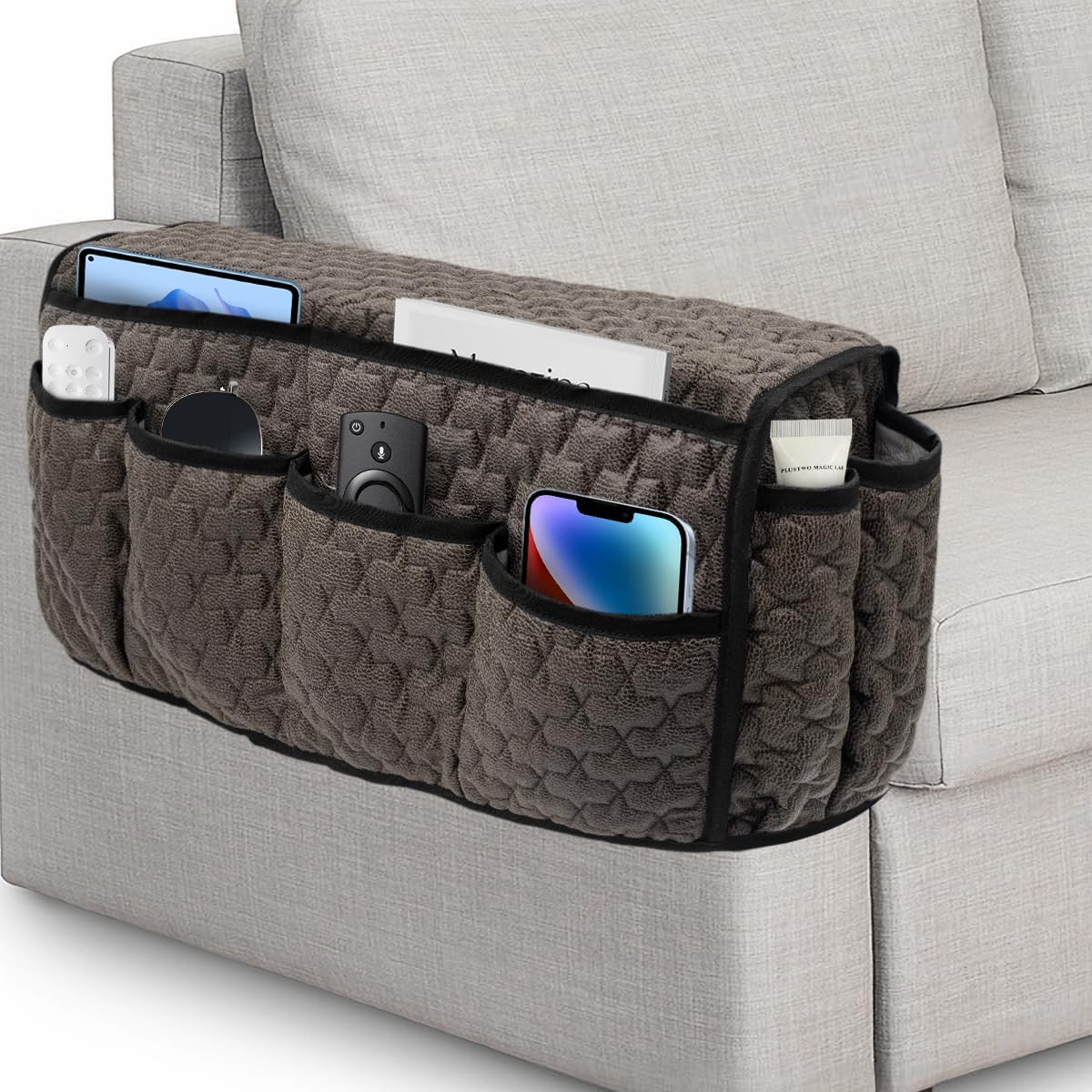 Remote Control Holder, Non Slip Bedside Caddy TV Remote Holder Armchair Caddy, Recliner Armrest Organizer with 14 Pockets for Cell Phone TV Remote Control Magazines