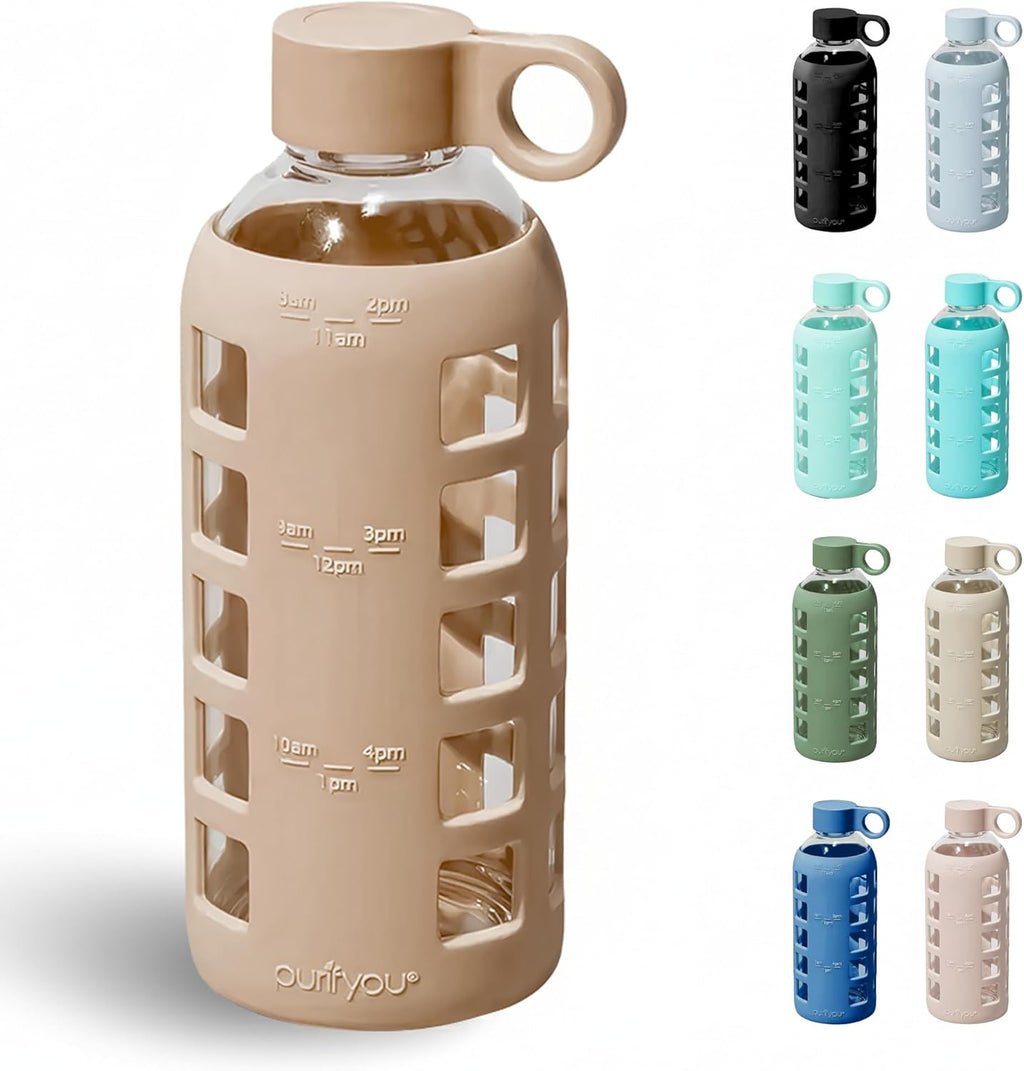 purifyou 40oz / 32oz / 22oz / 12oz Borosilicate Glass Water Bottle with Time & Volume Markers, Silicone Sleeve, Stainless Steel Lid | Reusable Glass Bottle for Water & Juice (22oz Iced Coffee)