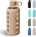 purifyou 40oz / 32oz / 22oz / 12oz Borosilicate Glass Water Bottle with Time & Volume Markers, Silicone Sleeve, Stainless Steel Lid | Reusable Glass Bottle for Water & Juice (22oz Iced Coffee)