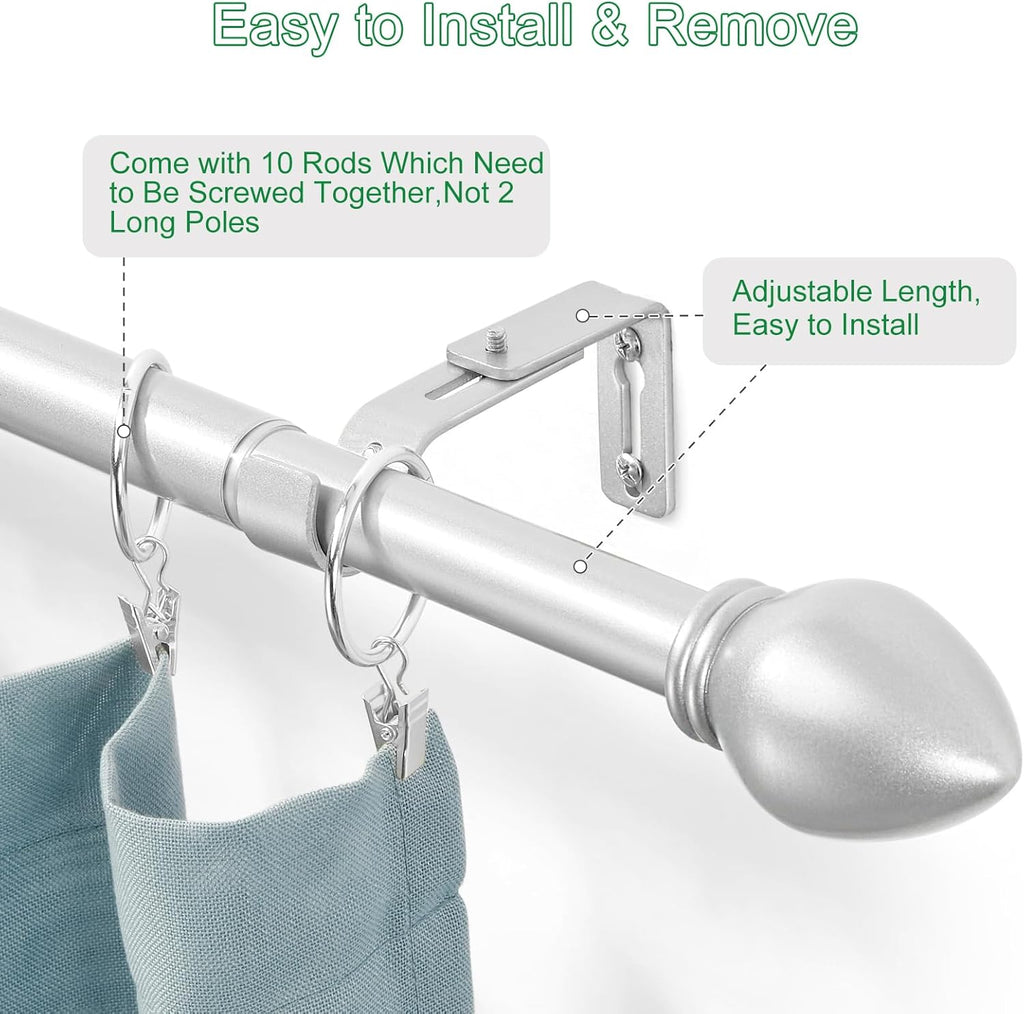 Curtain Rods for Windows 16 to 150 inches, Curtain Rod Max Adjustable Length to 158 in, Drapery Rod 1 inch Diameter with Modern Knobs Finials (Satin Silver, 16" to 150" - Set of 1)