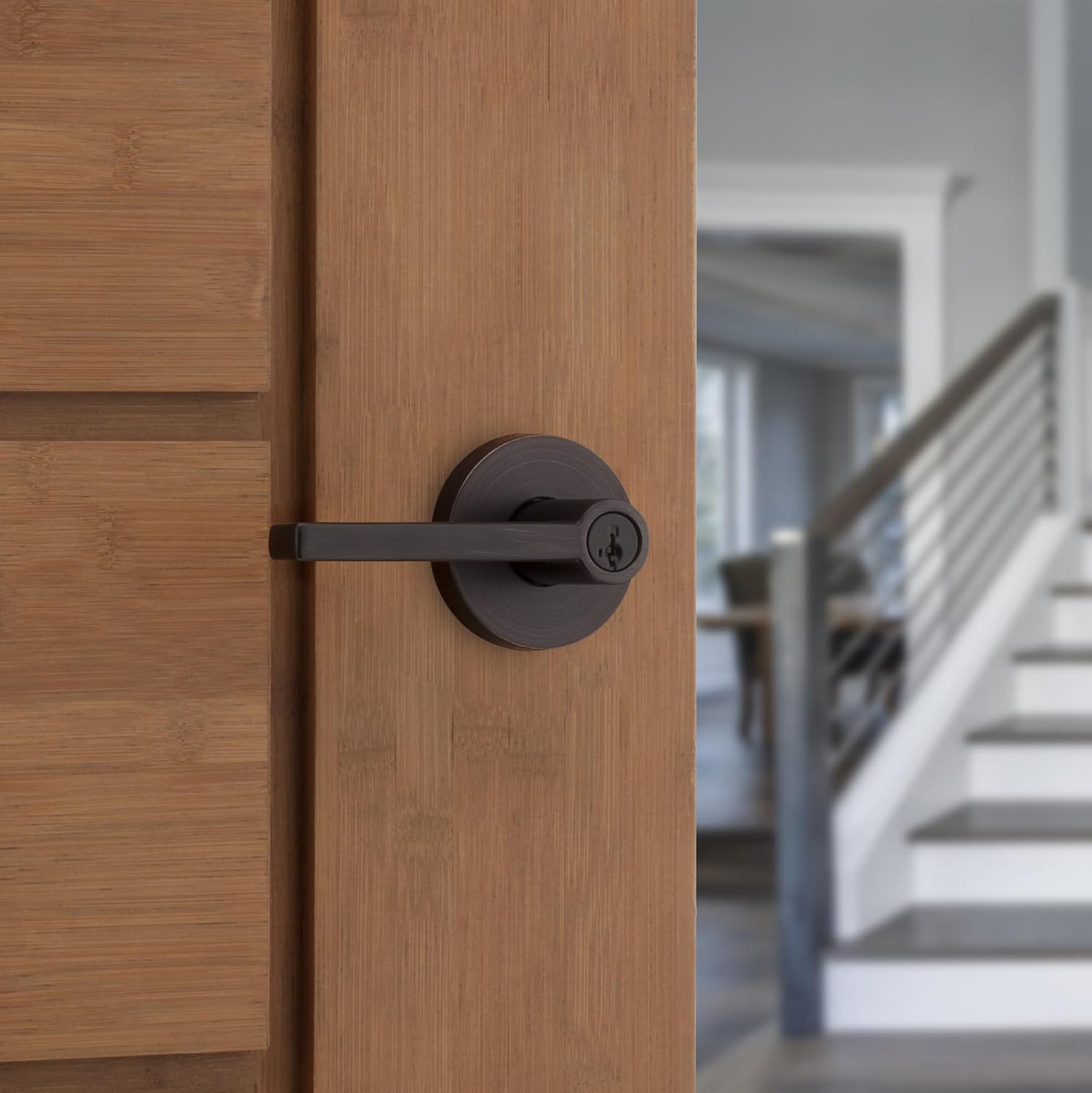 Kwikset Halifax Entry Door Handle with Lock and Key, Secure Round Keyed Reversible Lever Exterior, For Front Entrance and Bedrooms, Venetian Bronze, Pick Resistant Smartkey Rekey Security and Microban
