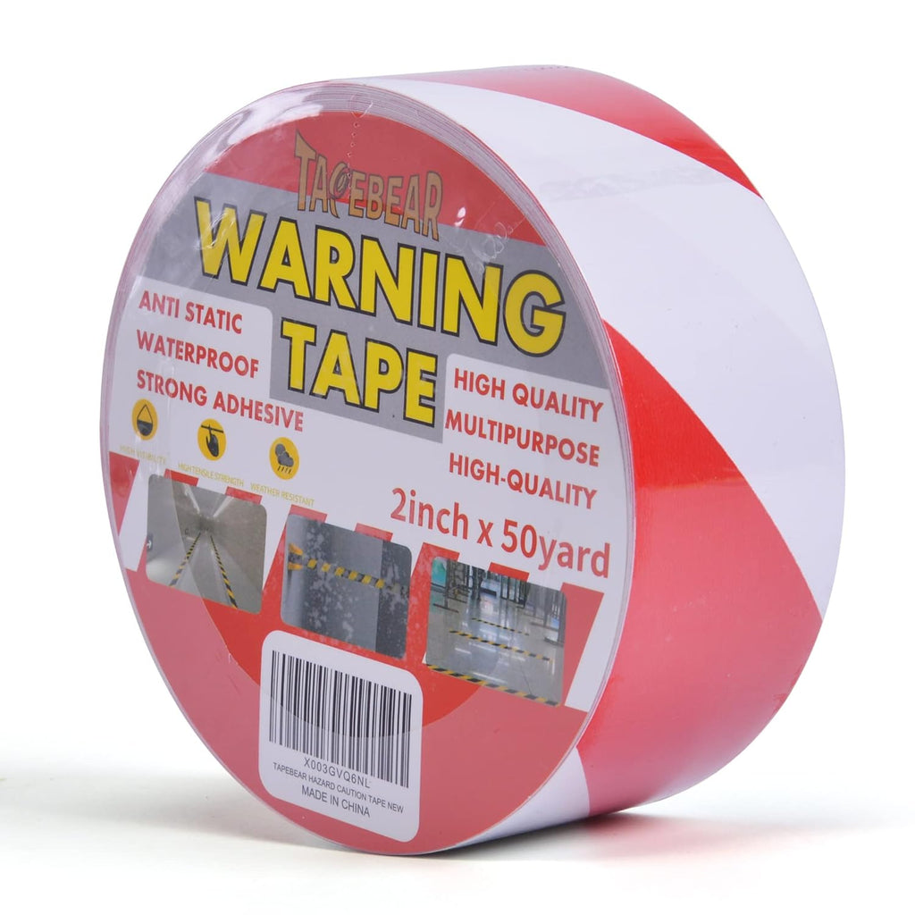 TAPEBEAR Hazard Caution Tape, 2inch x 150 Feet(50yds) Self Adhesive Warning Tape for Steps, High Visibility White&Red Tape for Halloween Outdoor Construction Warning, Crime Scene Barrier, Danger Zone