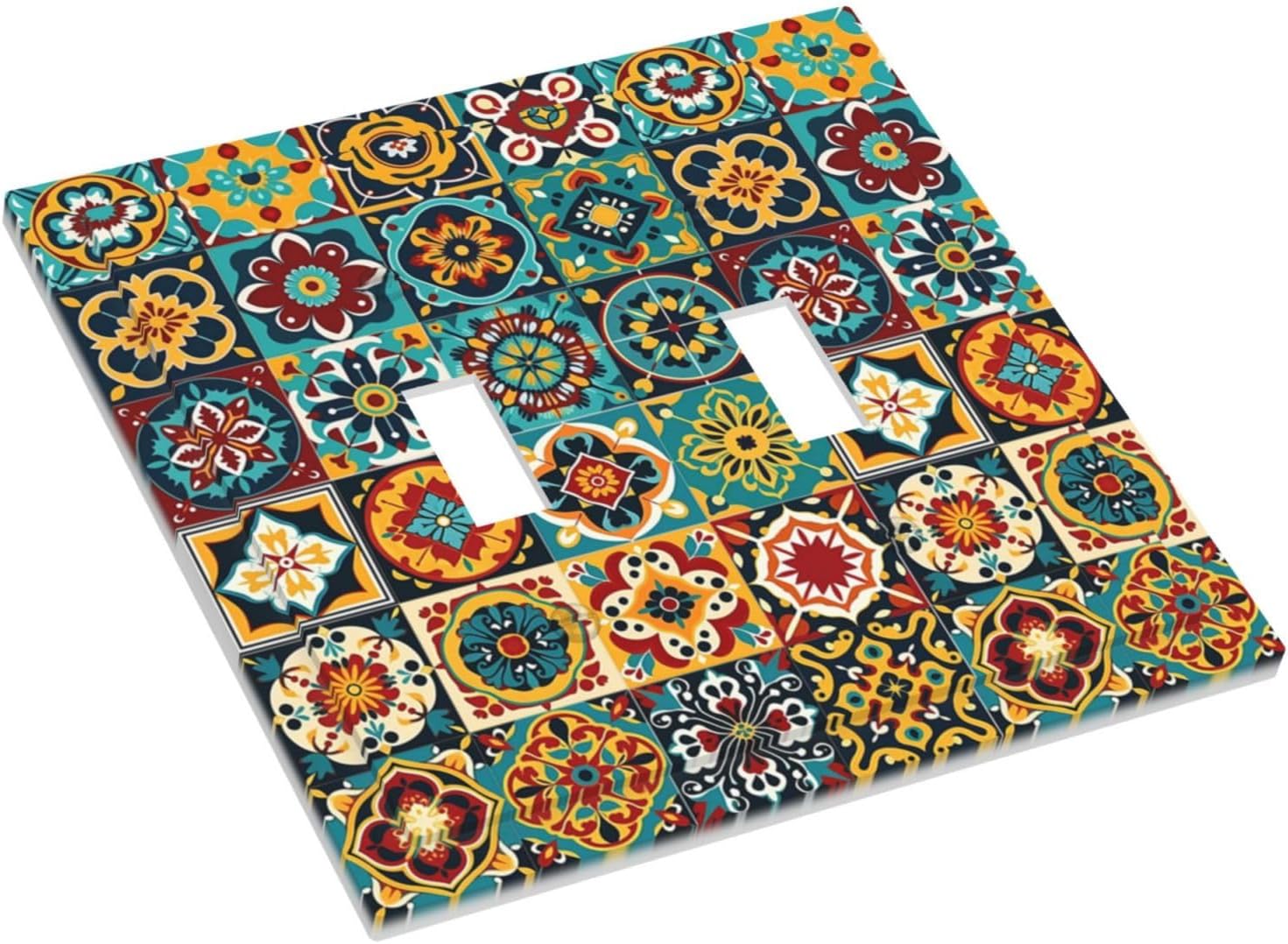 Decorative Switch Plates Mexican Talavera Colorful Mosaic Tiles 2 Gang Double Toggle Outlet Light Switch Cover Wall Plate Electrical Faceplate For Bathroom Kitchen Decor