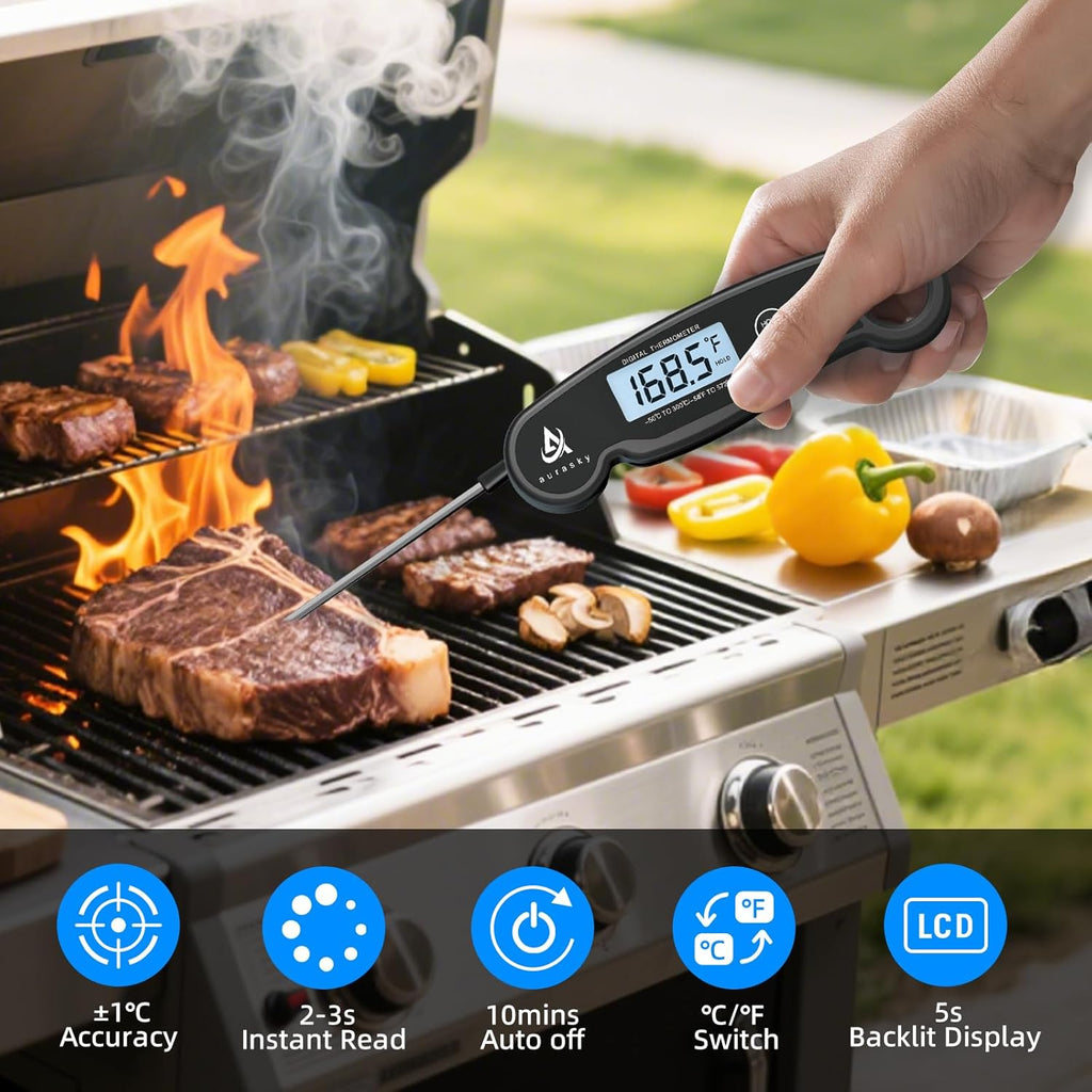 Aurasky Instant-Read Meat Thermometer Digital for Cooking and Grilling, Waterproof Food Thermometer with Backlight, Calibration & Hold Function for Kitchen, BBQ, Deep Fry, Candy, Liquid (Black)