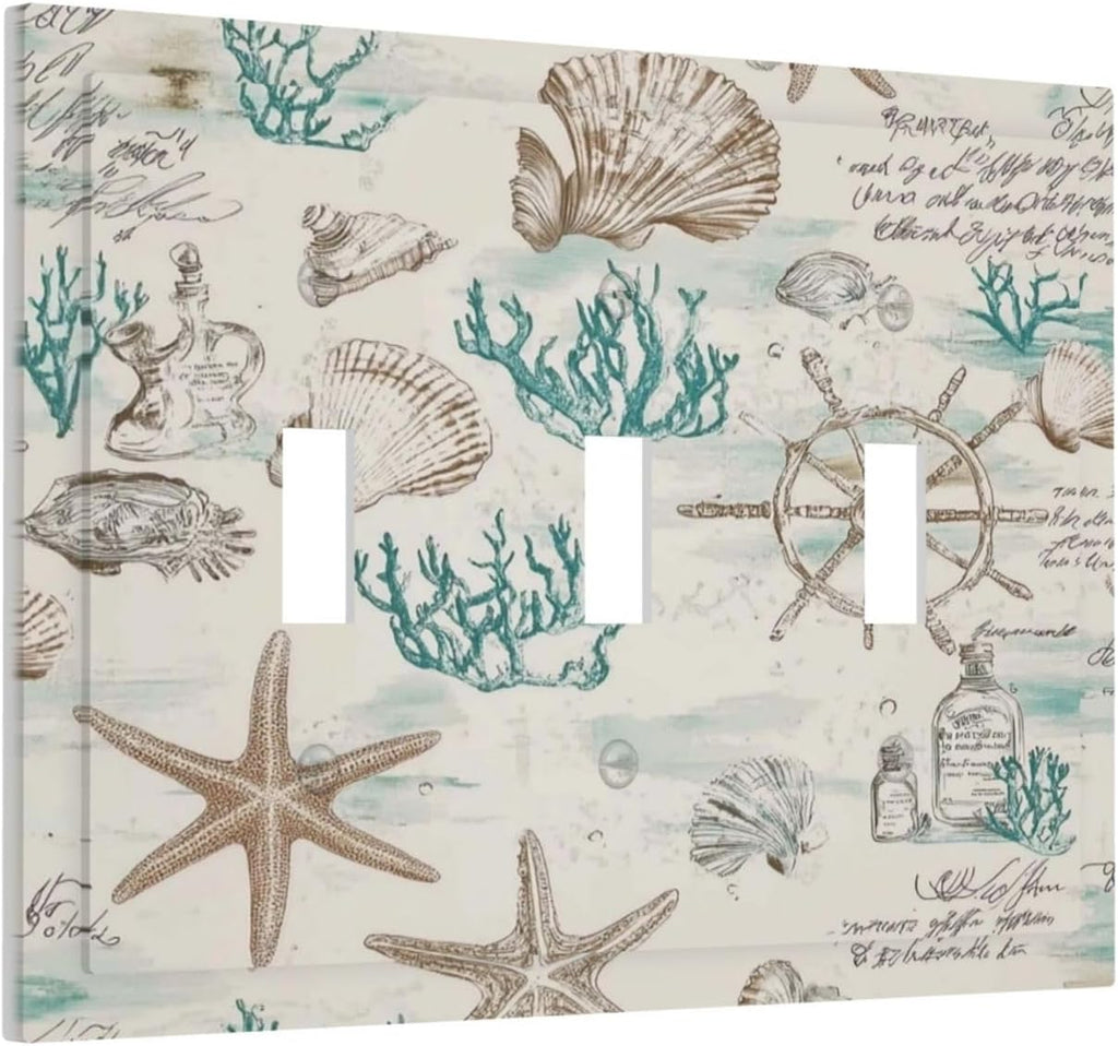 Mid Century Seashells Starfish Compass Decorative Switch Plates 3 Gang Wall Plate Triple Toggle Light Switch Cover Faceplate Electrical Wall Panels For Nursery Kids Room Decor