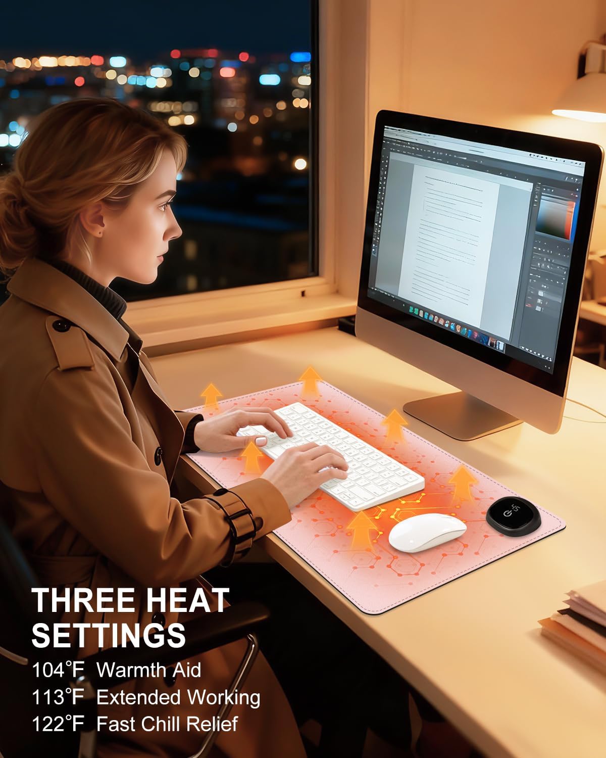 Heated Desk Pad, 23.6" x 14.2" Leather Non-Slip Warm Desk Pad, Large Mouse Mat with 3 Levels Heating & 3 Hours Auto Shut-Off, Hand and Foot Warmer for Office, Home, Pink