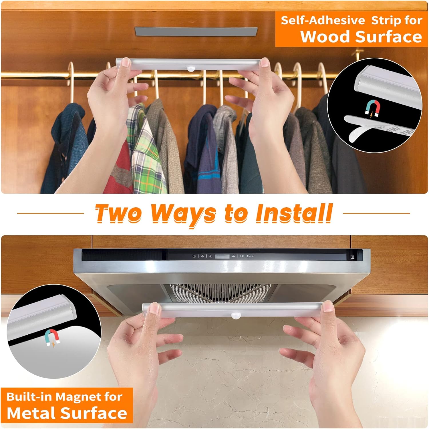 Wireless Motion Sensor Light Indoor, 80 LED Dimmable Closet Lights Rechargeable Under Cabinet Lighting, Magnetic Stick-on Under Counter Lights for Kitchen, Wardrobe, 3-Pack