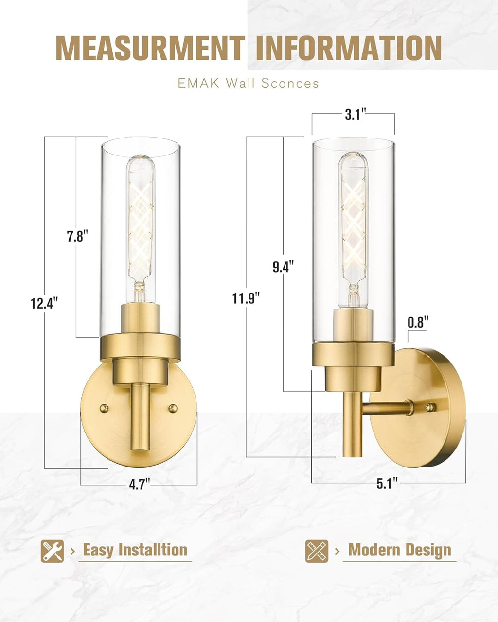 Emak Brushed Gold Sconces Wall Decor Set of 2, Modern Bathroom Light Fixtures Wall Sconce with Clear Glass Shade for Bathroom, Bedroom, Living Room, Hallway, WS085-BGD-2PK