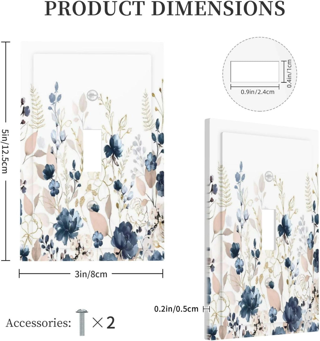 Blue Flora Boho Vintage Flower Golden Leaves Decorative Light Switch Cover 1 Gang Single Toggle Device Electrical Faceplate Switchplates Decorator Outlet Wall Plate for Bedroom Living Room Decor