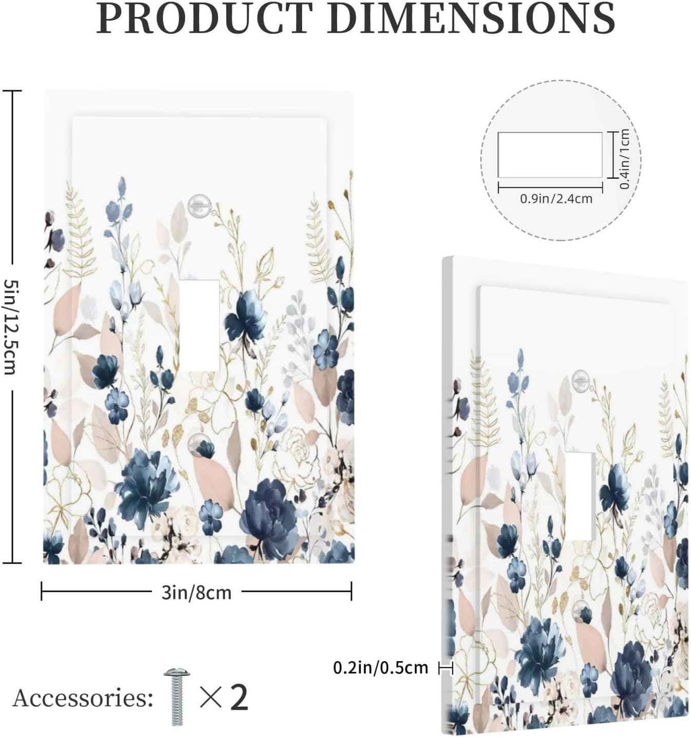Blue Flora Boho Vintage Flower Golden Leaves Decorative Light Switch Cover 1 Gang Single Toggle Device Electrical Faceplate Switchplates Decorator Outlet Wall Plate for Bedroom Living Room Decor