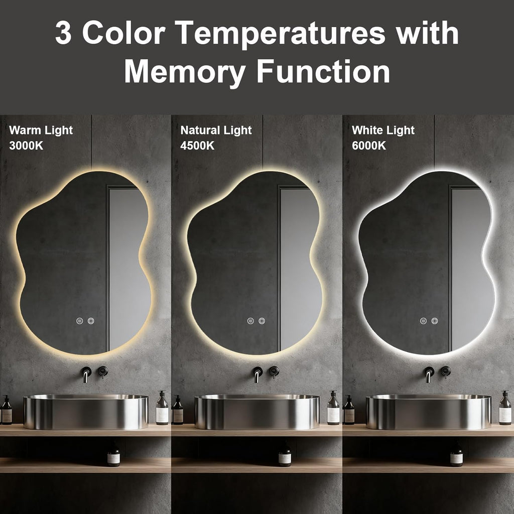 Asymmetrical Lighted Mirror for Bathroom,Modern LED Vanity Mirror with Backlit,Fog-Free,Tri-Color Dimmable Lighting with Memory Function,Hardwire Ready [Horizontal/Vertical] 30" H x 22" W