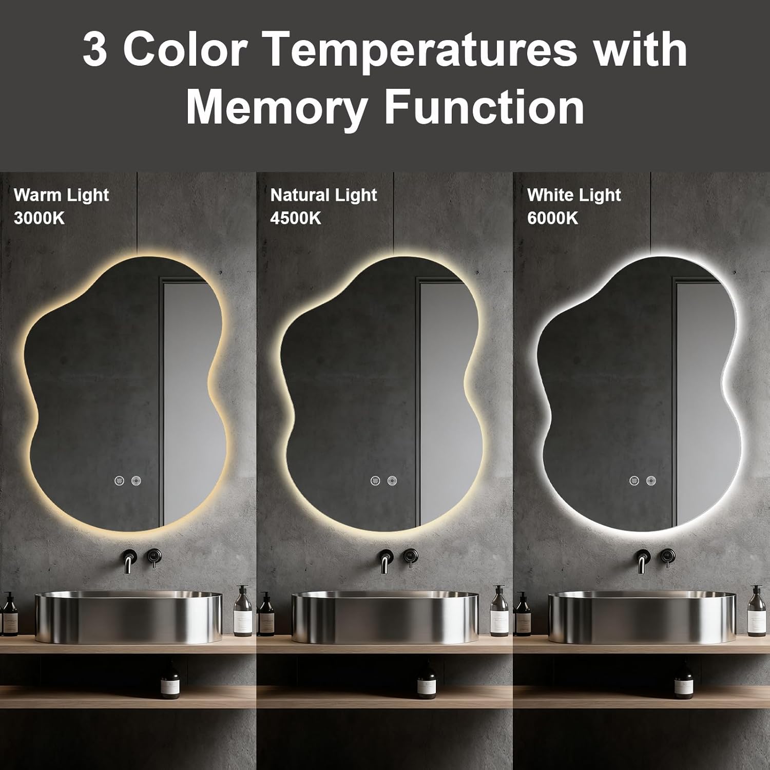 Asymmetrical Lighted Mirror for Bathroom,Modern LED Vanity Mirror with Backlit,Fog-Free,Tri-Color Dimmable Lighting with Memory Function,Hardwire Ready [Horizontal/Vertical] 30" H x 22" W