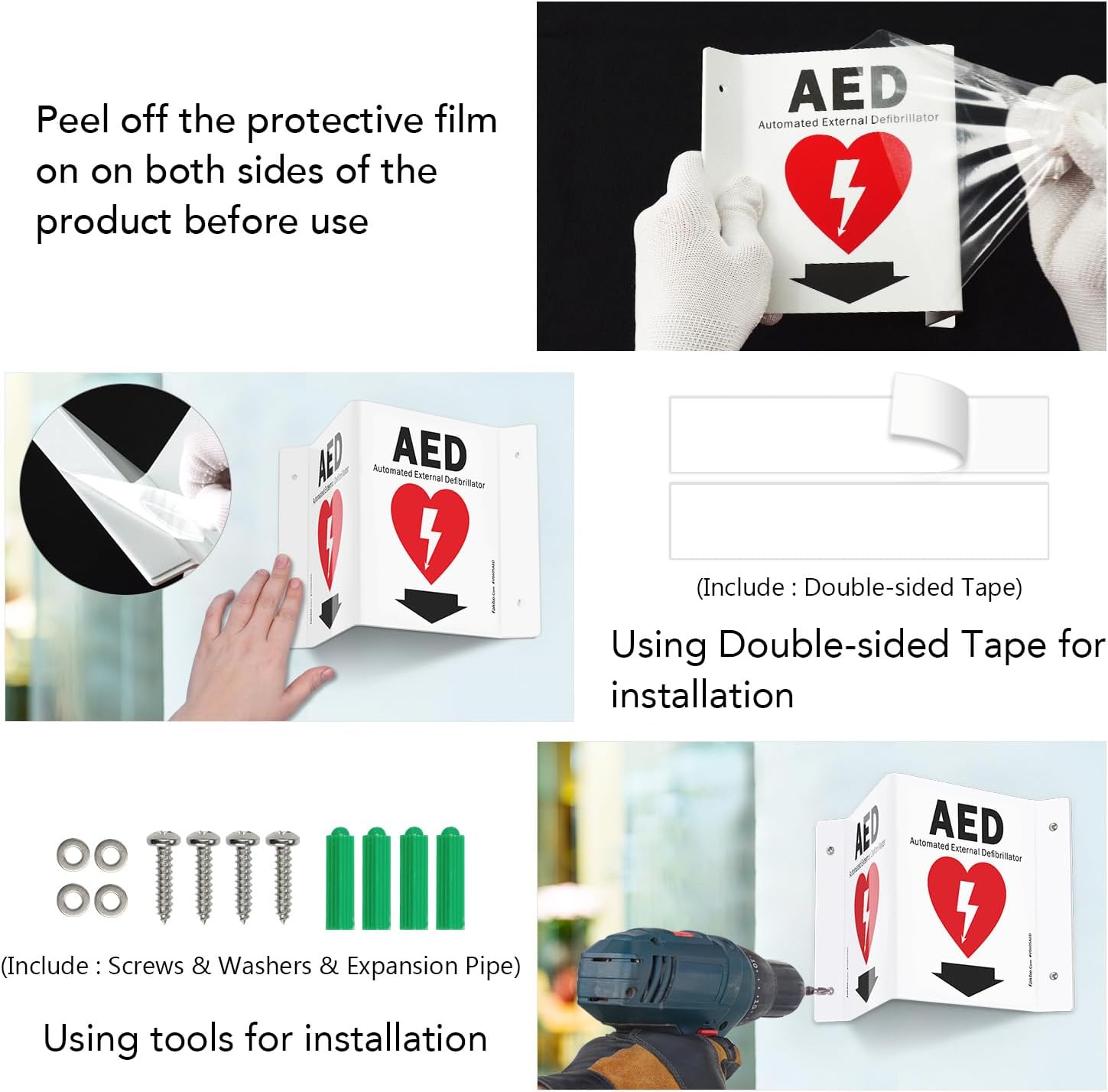 Faittoo AED Sign, AED with Down Arrow - 5 Pack 6 x 8 Inches V-Shaped Acrylic Plastic, 4 Pre-Drilled Holes, Includes Matching Screws, Use for Home Office/Business