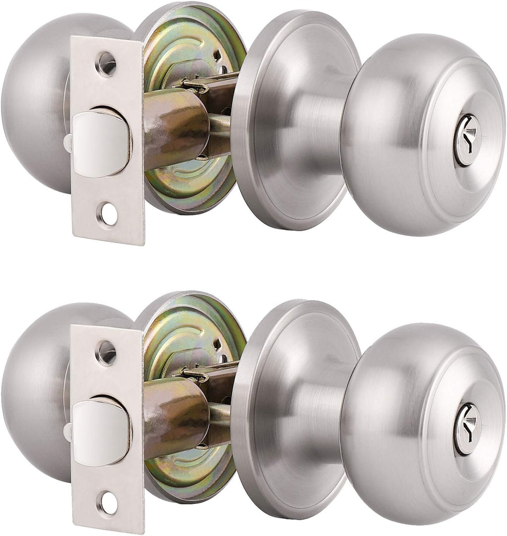 Gobrico 2 Pack Falt Ball Satin Nickel Finished Entry Door Locksets with Same Key Keyed-Alike Exterior Door Knobs
