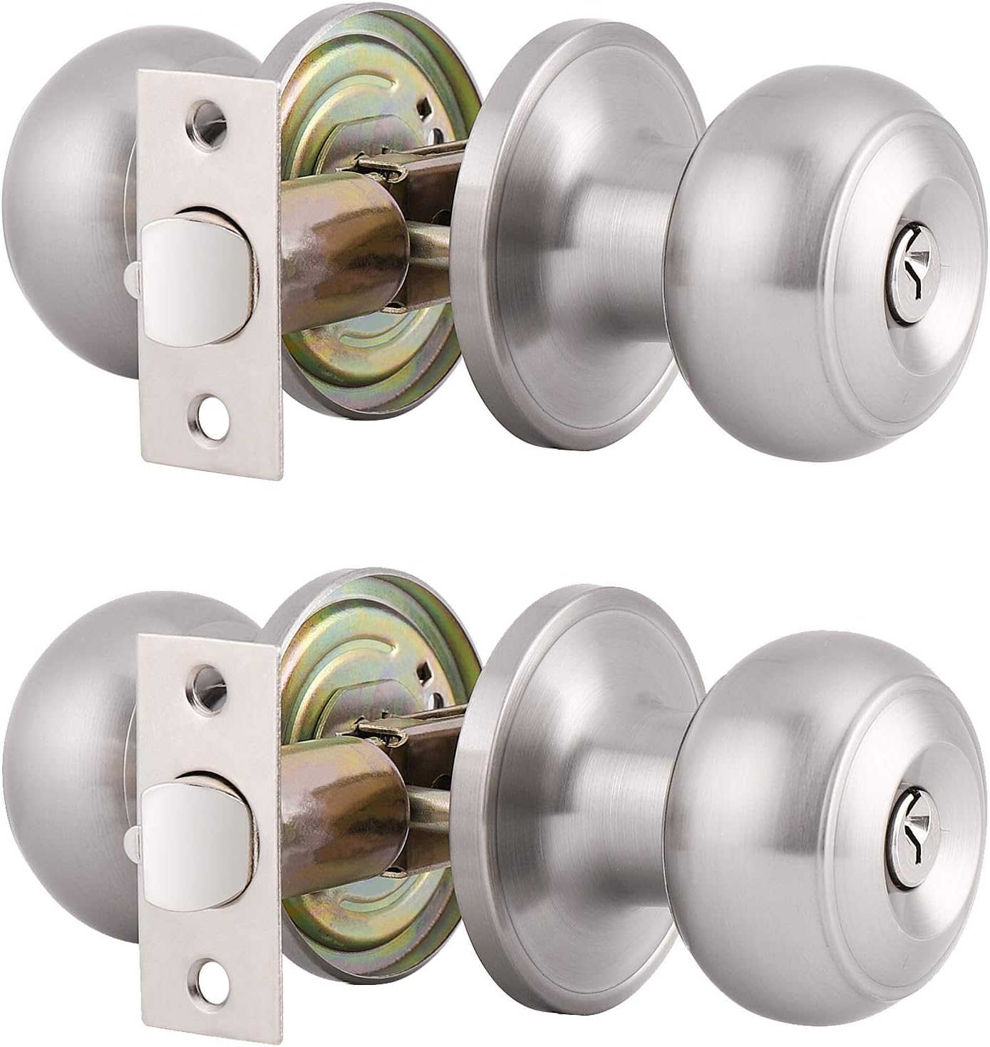 Gobrico 2 Pack Falt Ball Satin Nickel Finished Entry Door Locksets with Same Key Keyed-Alike Exterior Door Knobs