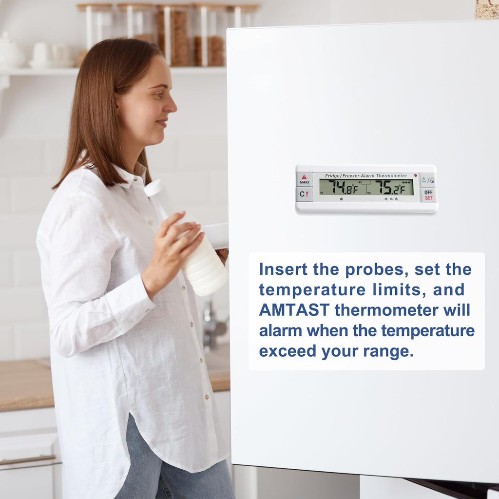 Digital Refrigerator Thermometer 2 Channel Freezer Thermometer with Alarm Sound Reminder Thermometer Fridge with Max/Min Temperature Record Freezer Alarm with Magnetic Back for Home Kitchen