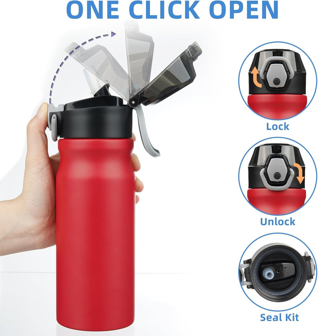 BJPKPK 18oz Insulated Water Bottle with Straw Stainless Steel Double Wall Water Bottles BPA Free Leak Proof Thermal Flask with Lockable Flip Lid and Soft Silicone Spout,Red