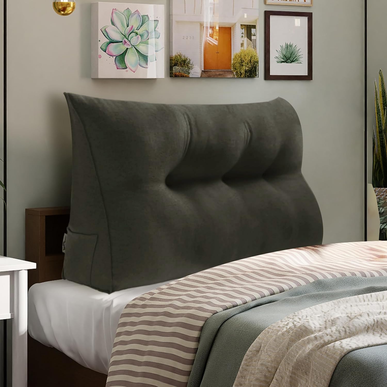WOWMAX 85% Linen 15% Cotton Blend Headboard Pillow – Twin Size Reading Wedge Backrest for Bed, Handmade Firm Support Bolster Cushion with Removable Cover, Premium Bed Rest Pillow, Deep Gray