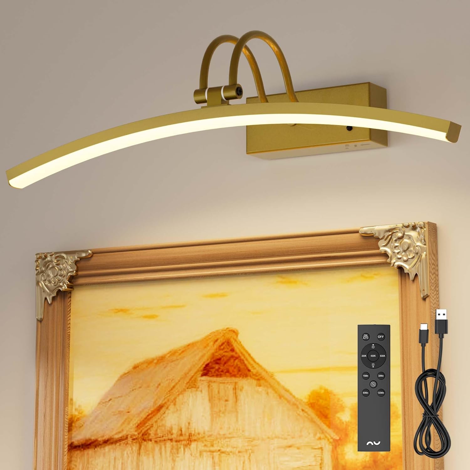 PAIHOME Picture Light for Wall Battery Operated, Rechargeable Picture Light with Smart Motion Sensor, Remote Dimmable & Timer, ‌16in Gold Wireless Art Lighting for Paintings Canvas Gallery Portraits