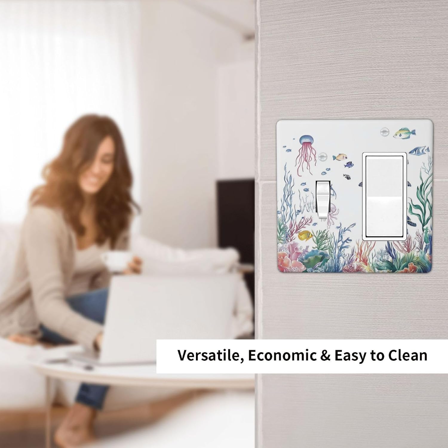 Blue Sea Turtle Ocean Fish Octopus Coral Outlet Covers 1 Toggle 1 Rocker Combination Decorative Wall Plate Electrical Switch Plates Light Switch Cover Plate For Bathroom Kids Room Decor