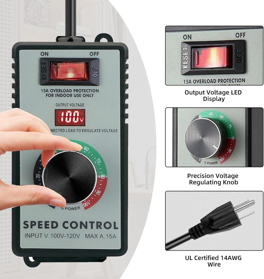 AC Motor Speed Controller 120V 15A, Variable Fan Speed Controller with LED Digital Display, Electronic Voltage Regulator for Electric Motors, Adjustable Speed Control with Overload Protection