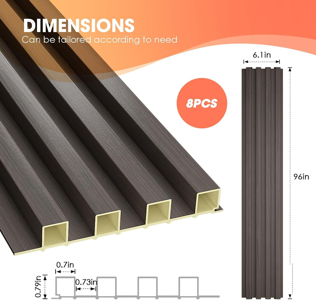 OUZUGIE WPC Acoustic Slat Wall Paneling, 8-Pack 96 x 6 Inches 3D Wall Panels for Interior Wall Decor,Living Room,TV Background,Study Room,Office Spaces,Bedroom,High Grille (Walnut)