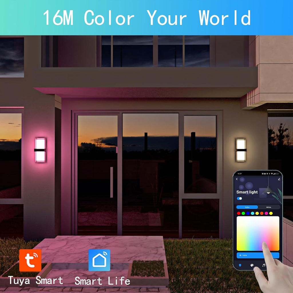 RGBCWW Color Changing LED Outdoor Wall Lights,14in 22W Smart Exterior Wall Sconces, IP65 Waterproof Outdoor Porch Lights,Tuya App Control for Front Door,Garage & Yards