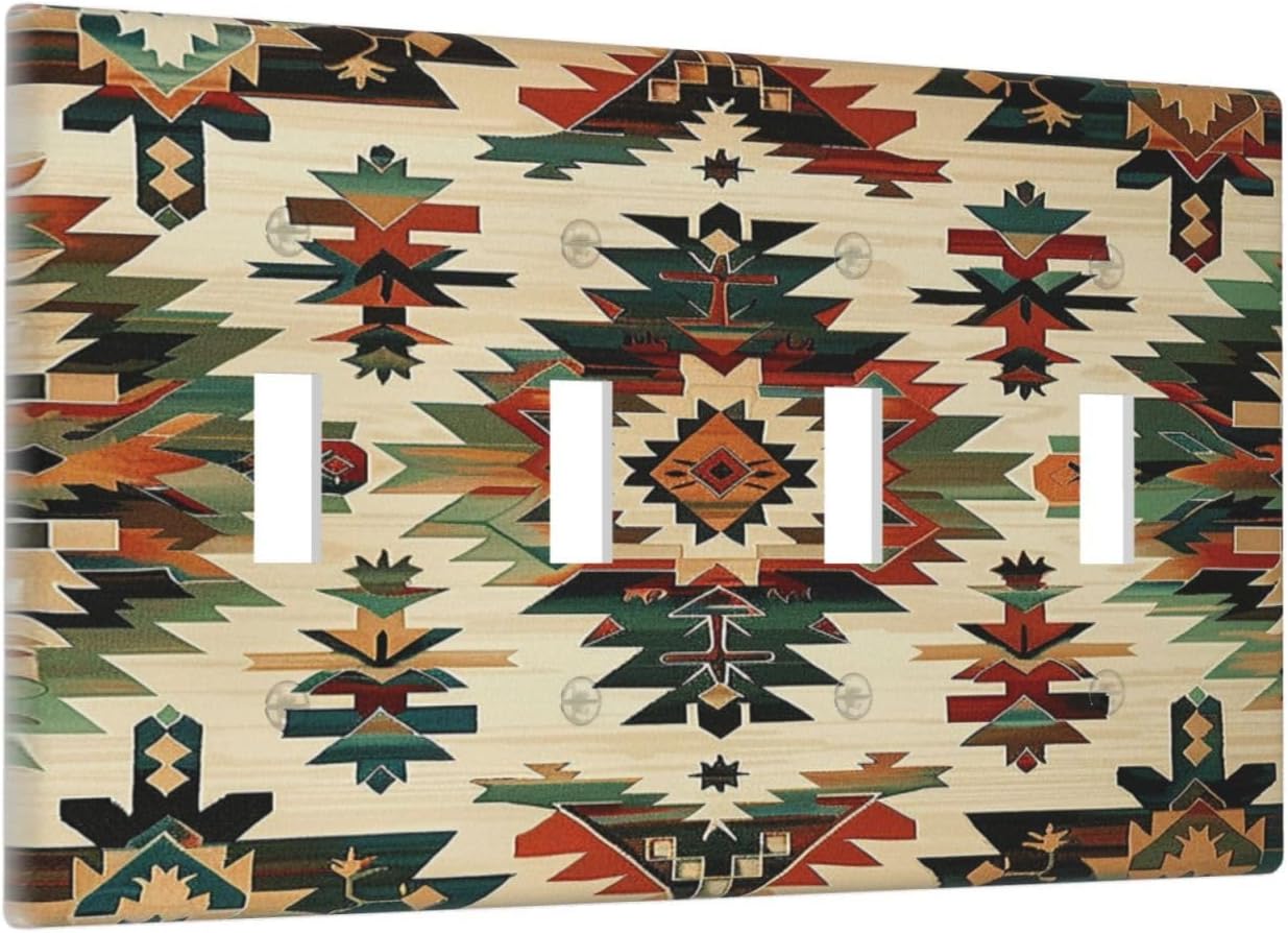 Light Switch Covers Southwest Rustic American Indian Aztec Boho Quad Toggle Electrical Faceplate 4 Gang Wall Plate Decorative Switch Plates for Bed Room living Room Decor