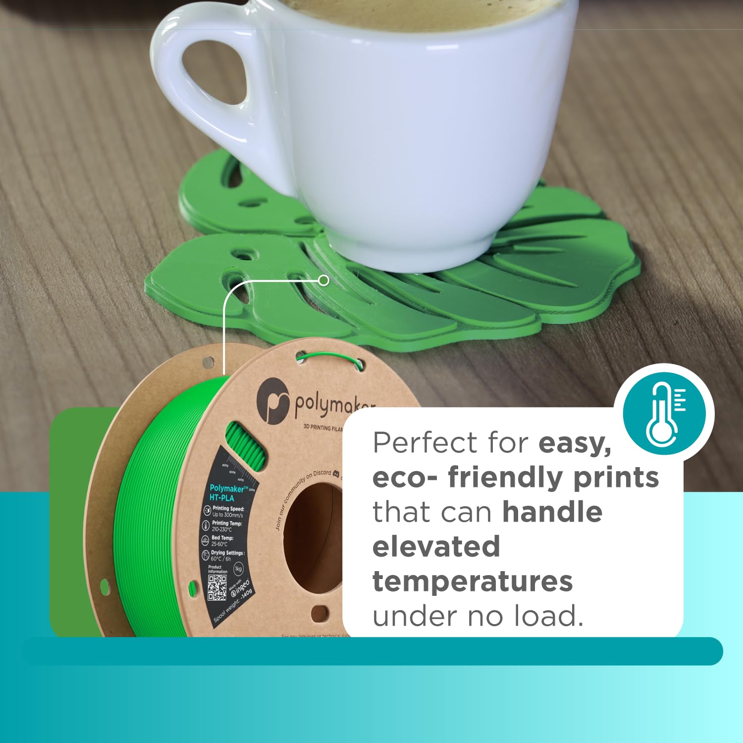 Polymaker HT-PLA Filament 1.75mm Green, High Temp PLA for 3D Printing, Heat Stable Up to 150C, Easy to Print, Works with Most FDM Printers, 1kg Spool