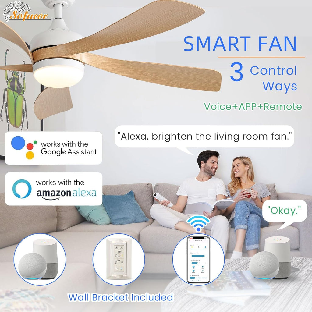 Sofucor 52" Smart Ceiling Fan, Indoor/Outdoor Ceiling Fans with Lights and Remote, Compatible with Alexa/Google/App, 3-Color Light 6-Speed Timing Reversible DC Motor for Bedroom Living Room Patio