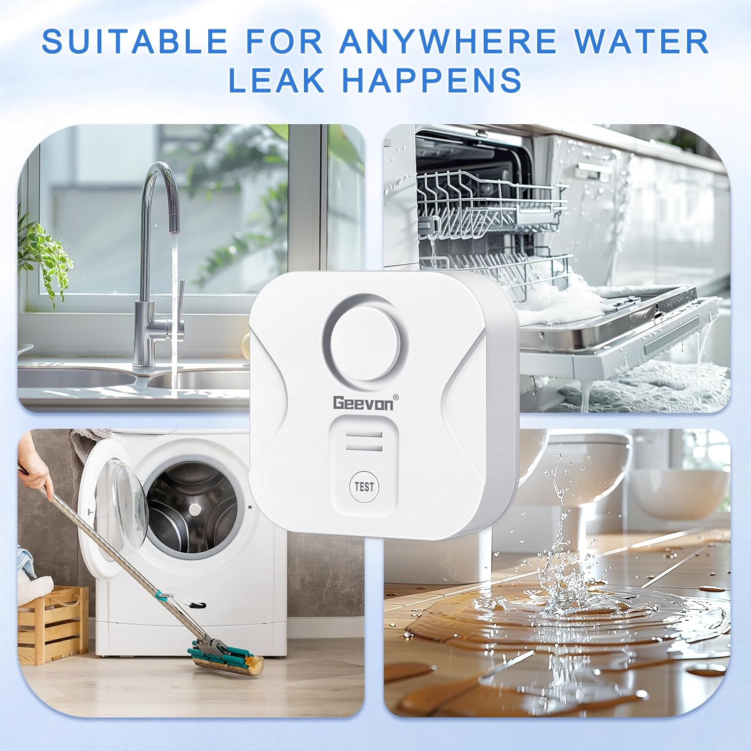 Geevon 2 Pack Water Leak Detectors for Home, 100dB Loud Water Alarm Sensor Leak Detection with Drip Alert for Basements, Laundry Rooms, Kitchen, IP56 Waterproof(Battery Included)
