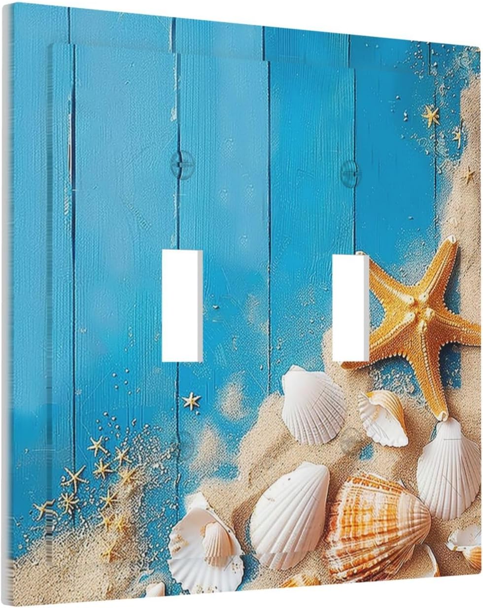Decorative Switch Plates Blue Wood Grain Beach Shell Starfish 2 Gang Double Toggle Outlet Light Switch Cover Wall Plate Electrical Faceplate for Bathroom Farmhouse Decor