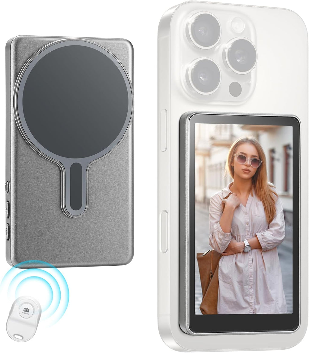 Magnetic Phone Vlog Selfie Monitor Screen,1080P Wireless Recording,Back Camera Selfie Monitor with Bluetooth Remote Control,for Selfie Vlog Live Broadcast,Compatible with iPhone and Android System