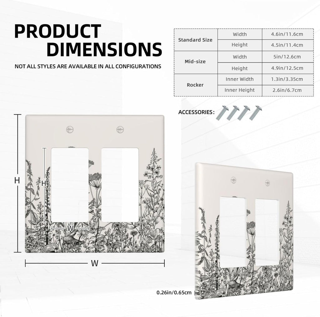 Decorative Outlet Covers Beige Skech Plant Leaves Flowers 2 Gang Wall Plate Double Rocker Two Switch Wall Cover Plate Light Switch Cover Plate Faceplate for Country Bedroom Home Decor