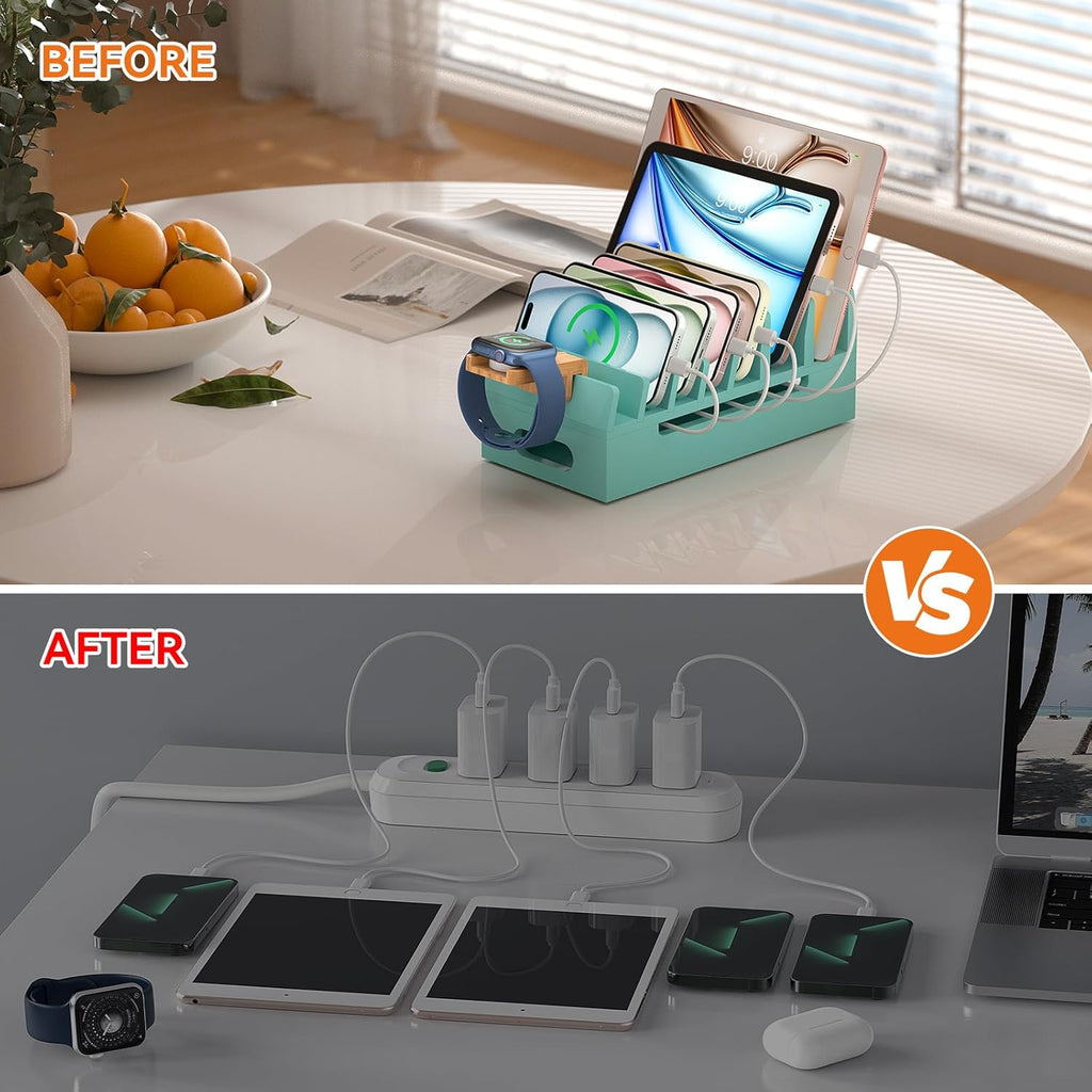 Pezin & Hulin Bamboo Charging Station with Watch Stand, Docking Holder for Multi Device with 5 Port USB Charger HUB, 5 Charge Cables, Desktop Electronic Organizer for Cellphone, Tablet, Watch-Teal