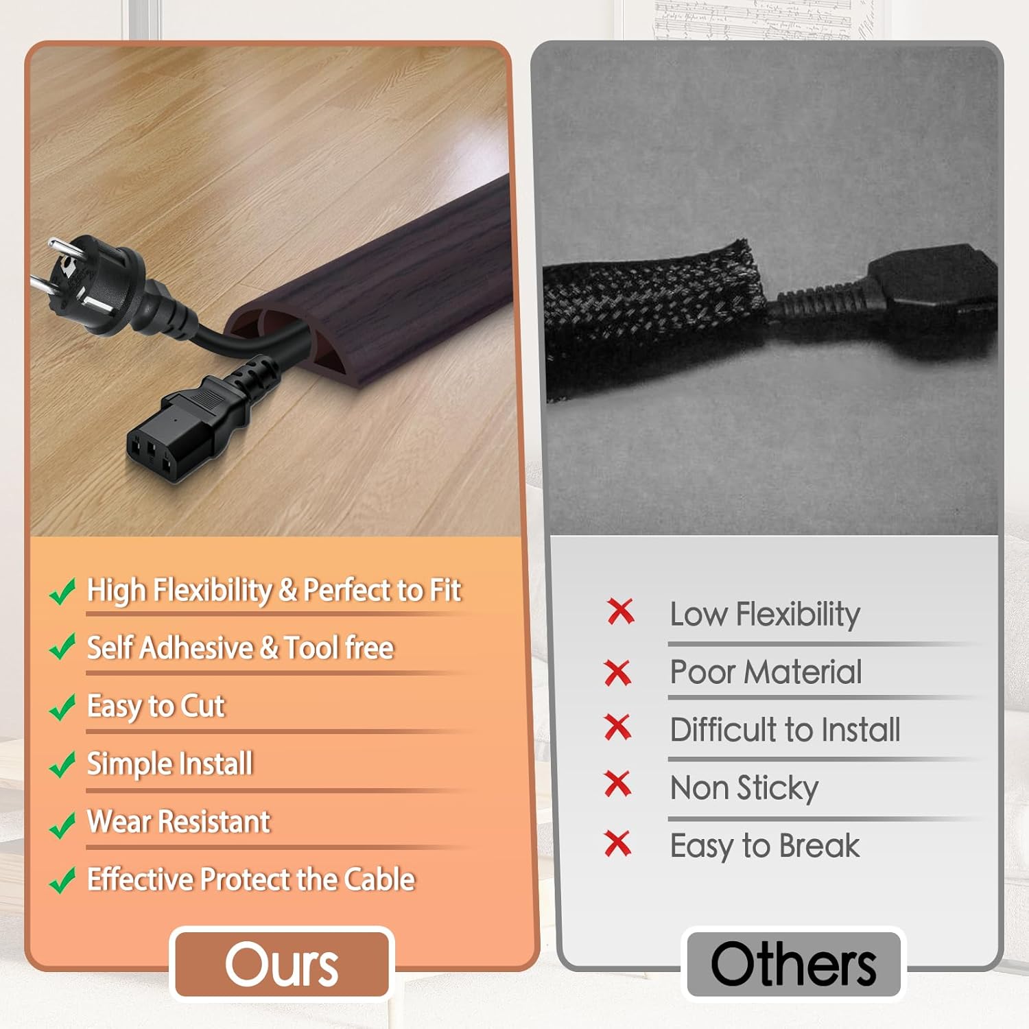 Floor Cord Cover for Wires on Floor Self Adhesive Cord Hider Floor Cable Management Wire Covers for Cords Protector Prevent Cable Trips Cord Cavity W 0.59" x H 0.31", Black Walnut, 3.3Ft