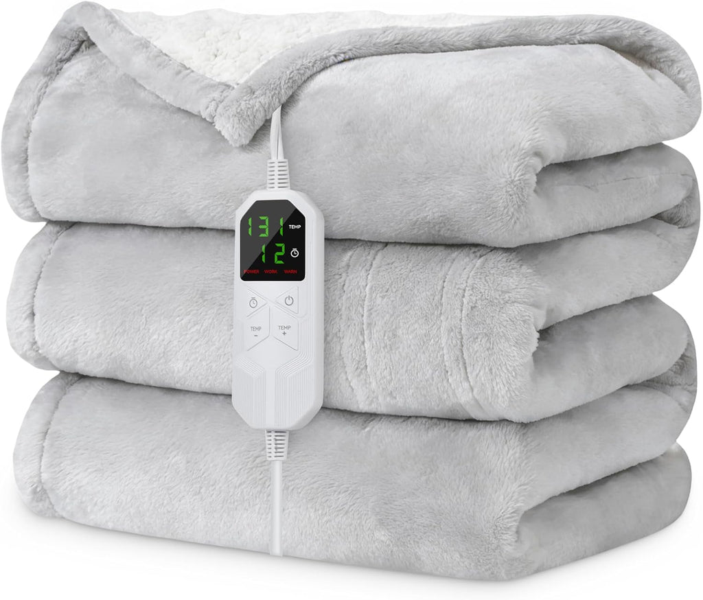 Electric Heated Blanket Twin 62" x 84", Soft Plush Flannel & Sherpa Electric Blanket with 8 Heat Settings, 1-12H Auto-Off, Fast & Even Heating, Machine Washable, Ideal for Home & Office, Light Gray