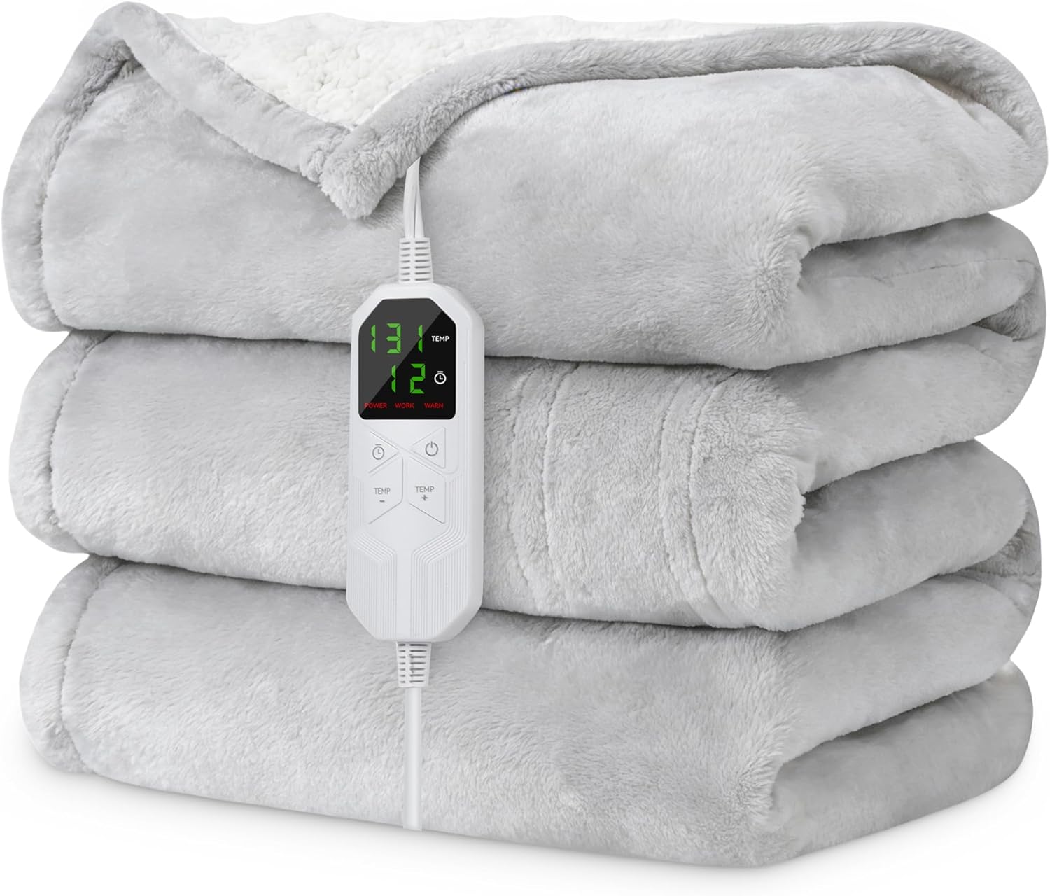 Electric Heated Blanket Twin 62" x 84", Soft Plush Flannel & Sherpa Electric Blanket with 8 Heat Settings, 1-12H Auto-Off, Fast & Even Heating, Machine Washable, Ideal for Home & Office, Light Gray