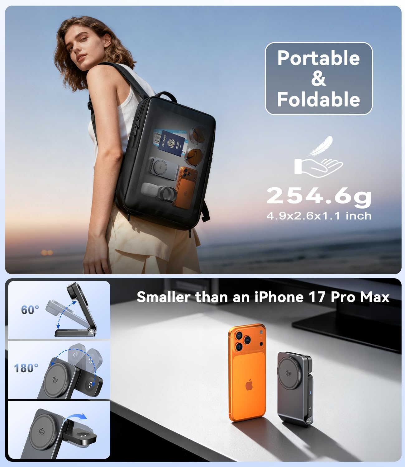 3-in-1 Travel Charging Station for Apple Devices MagSafe Charger, Qi2.2 25W Magnetic Wireless Charger, Aluminum Alloy Foldable Charging Stand for iPhone 17 Pro Max, Apple Watch, AirPods