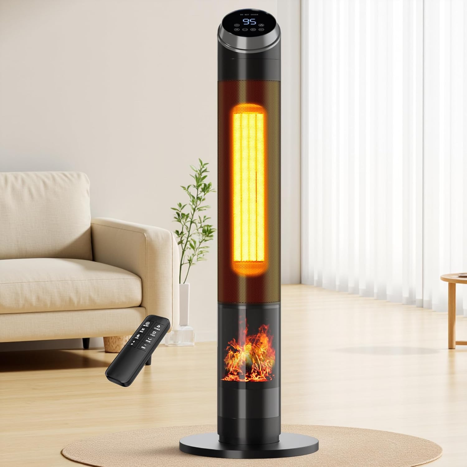 AKIRES 38IN Space Heater Large Room,1500w Space Heater For Indoor Use,120°Oscillating Tower Heater With Thermostat,Remote Control,Overheat & Tip-Over Protection,24H Timer For Large Rooms Matte Black